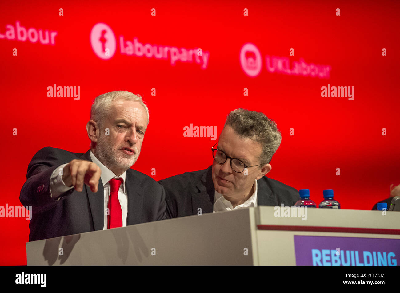 Liverpool, UK. 23 September 2018. Jeremy Corbyn Leader of the Labour Party and Tom Watson deputy leader on the stage at the Labour Party annual conference 2018 Alan Beastall/Alamy Live News Stock Photo