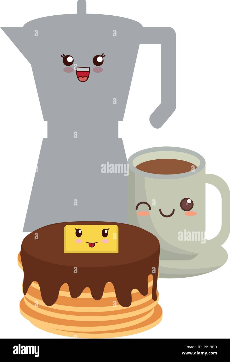 kawaii pancakes with coffee maker and cup over white background, vector