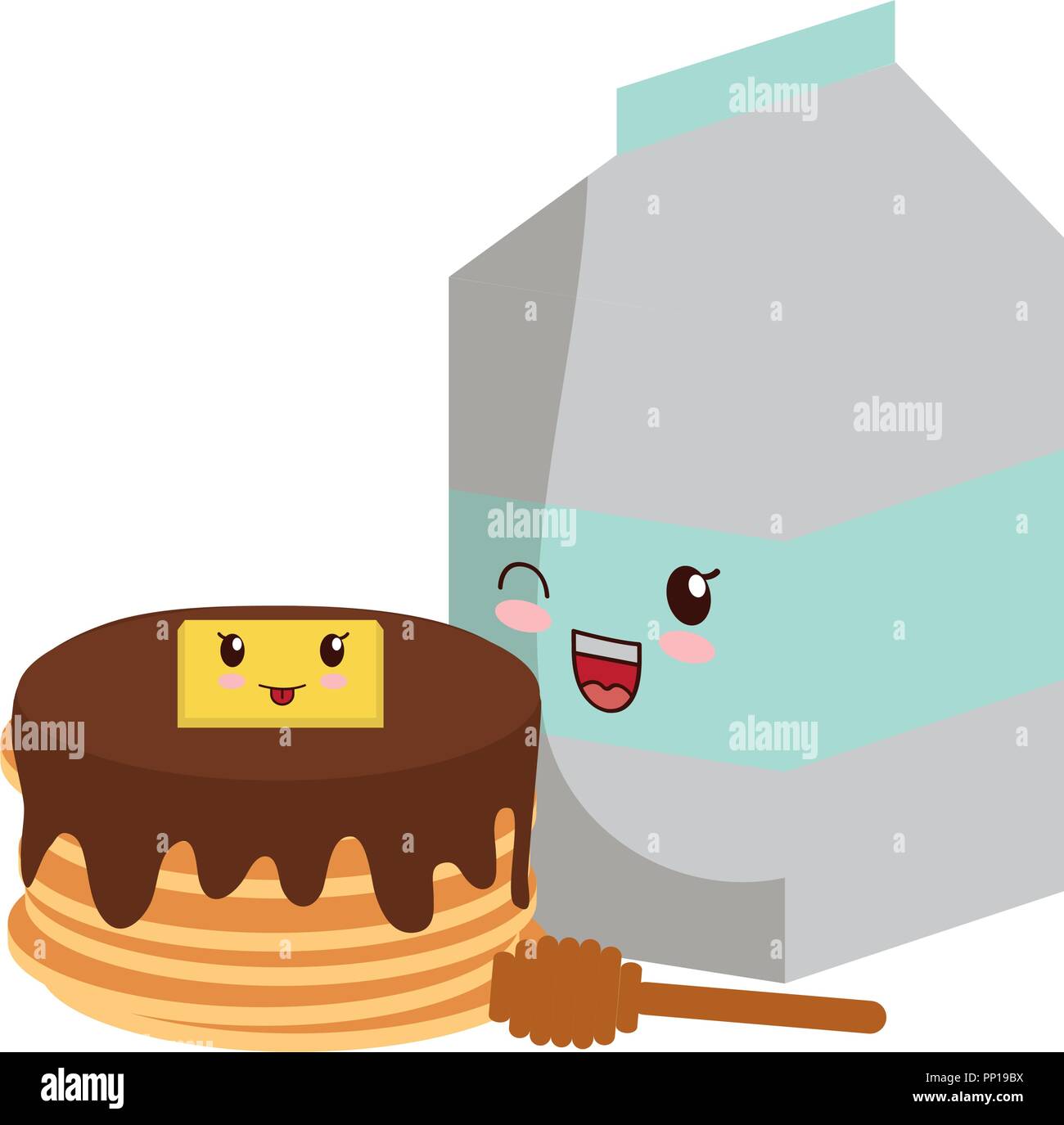 kawaii pancakes and milk box over white background, vector illustration