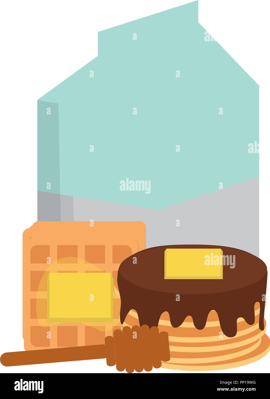 milk box with pancakes and waffle over white background, vector
