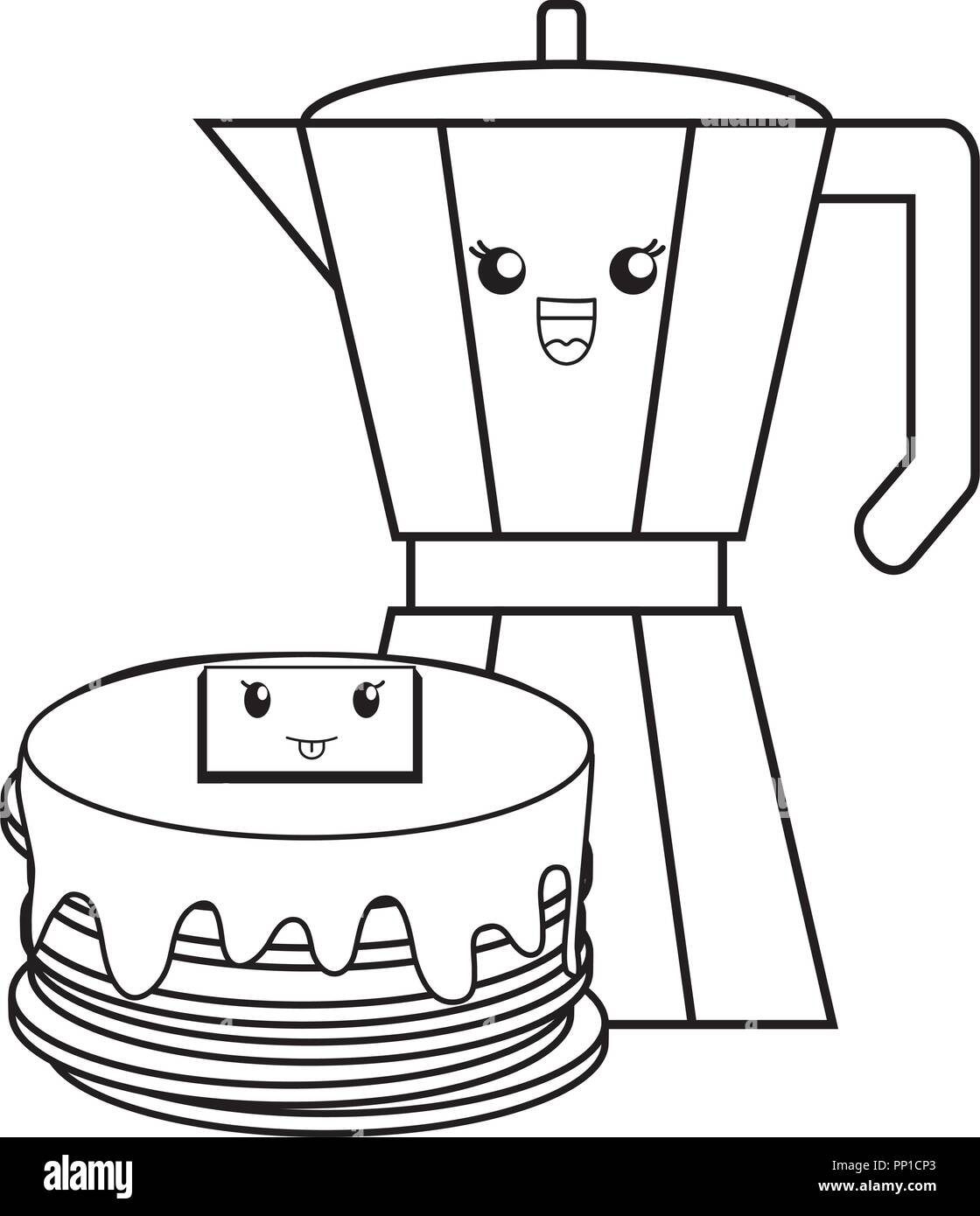 kawaii pancakes and coffee maker over white background, vector