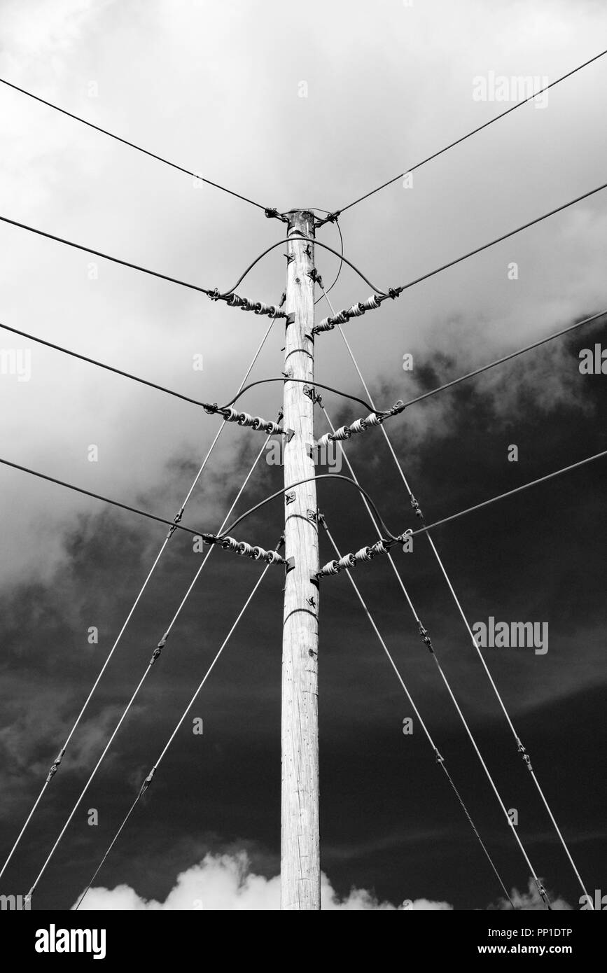 Black and white view of a power line that looks like the edge of a boxing ring Stock Photo