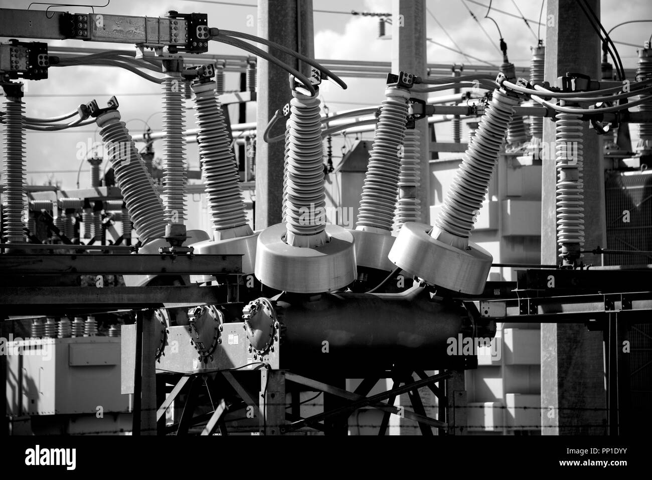 Close up of a power distribution station in an urban center in black and white Stock Photo