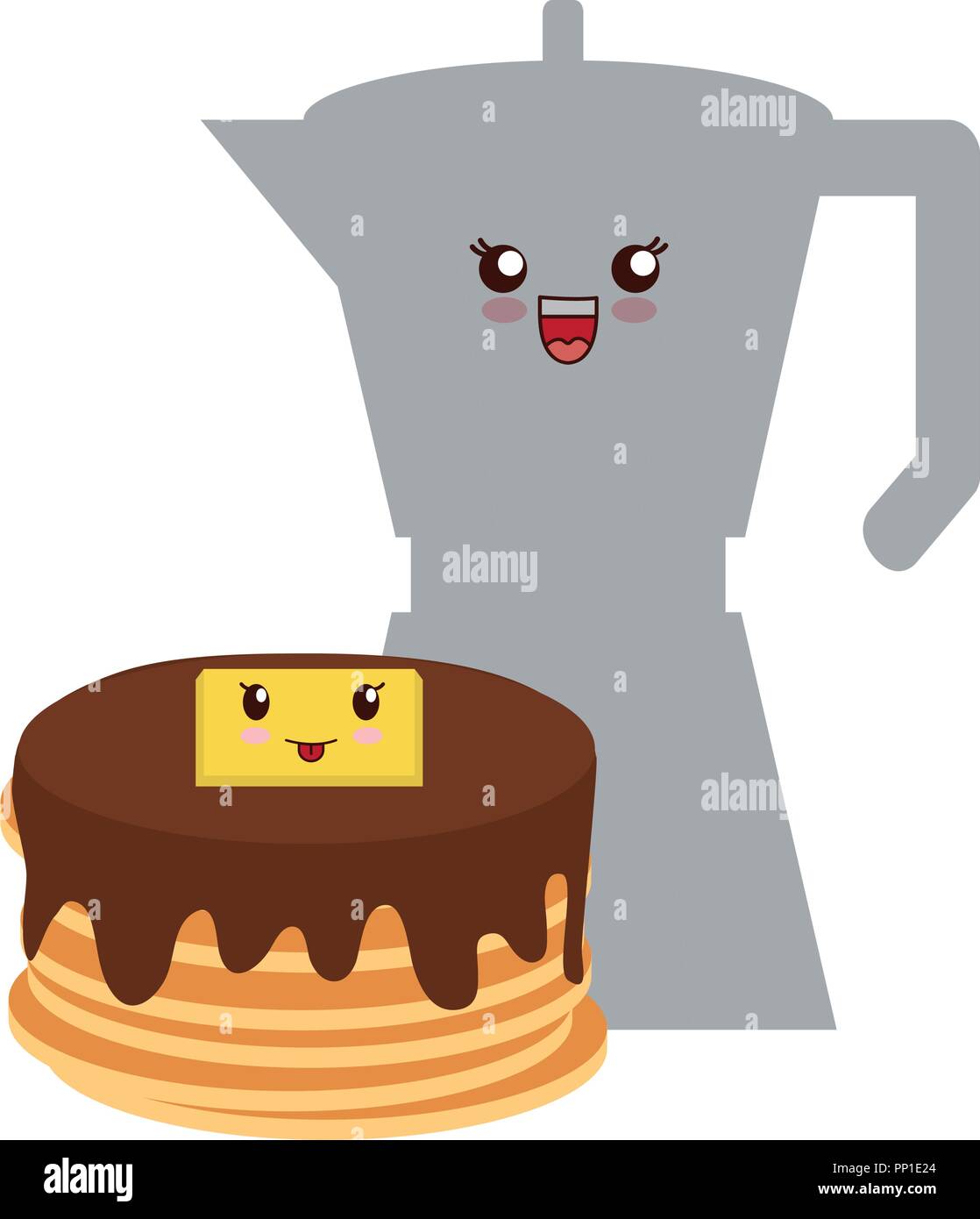kawaii pancakes and coffee maker over white background, vector