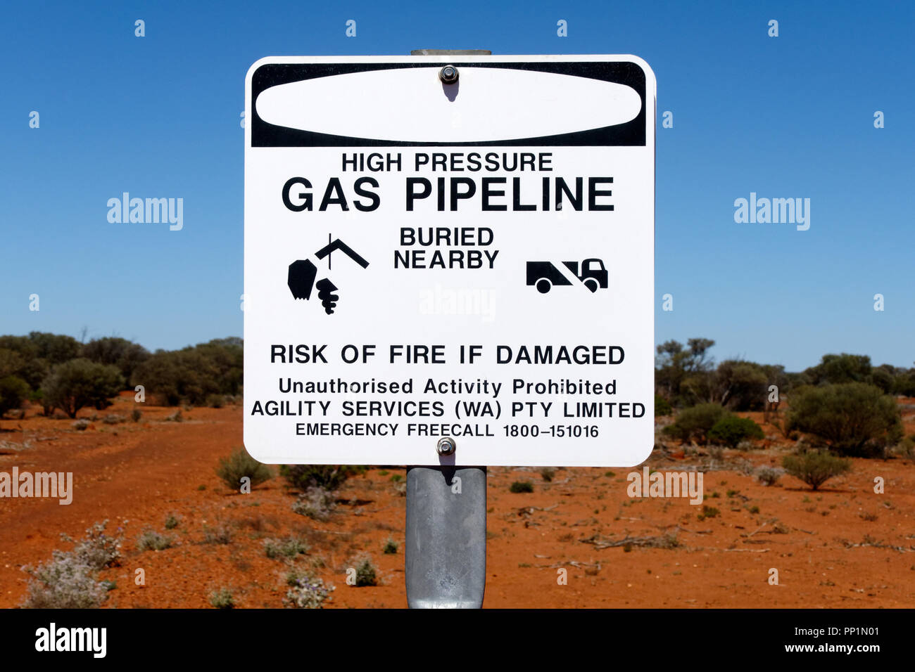 Buried Gas Pipeline warning sign in Australian outback, Murchison, Western Australia Stock Photo