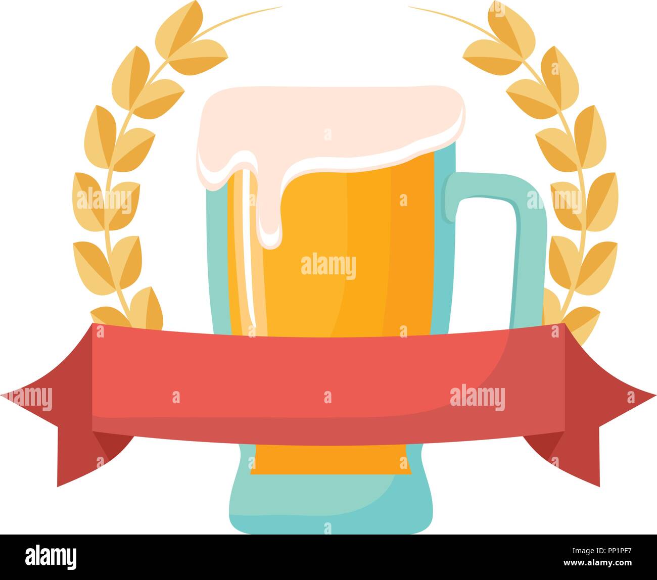 emblem with beer glass and decorative ribbon over white background ...