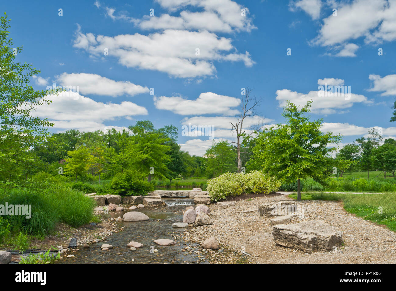 Spectacular sky with clouds and rich azure (blue) over the Post-Dispatch Lake Riffles at St. Louis Forest Park on a summer day in early June. Stock Photo
