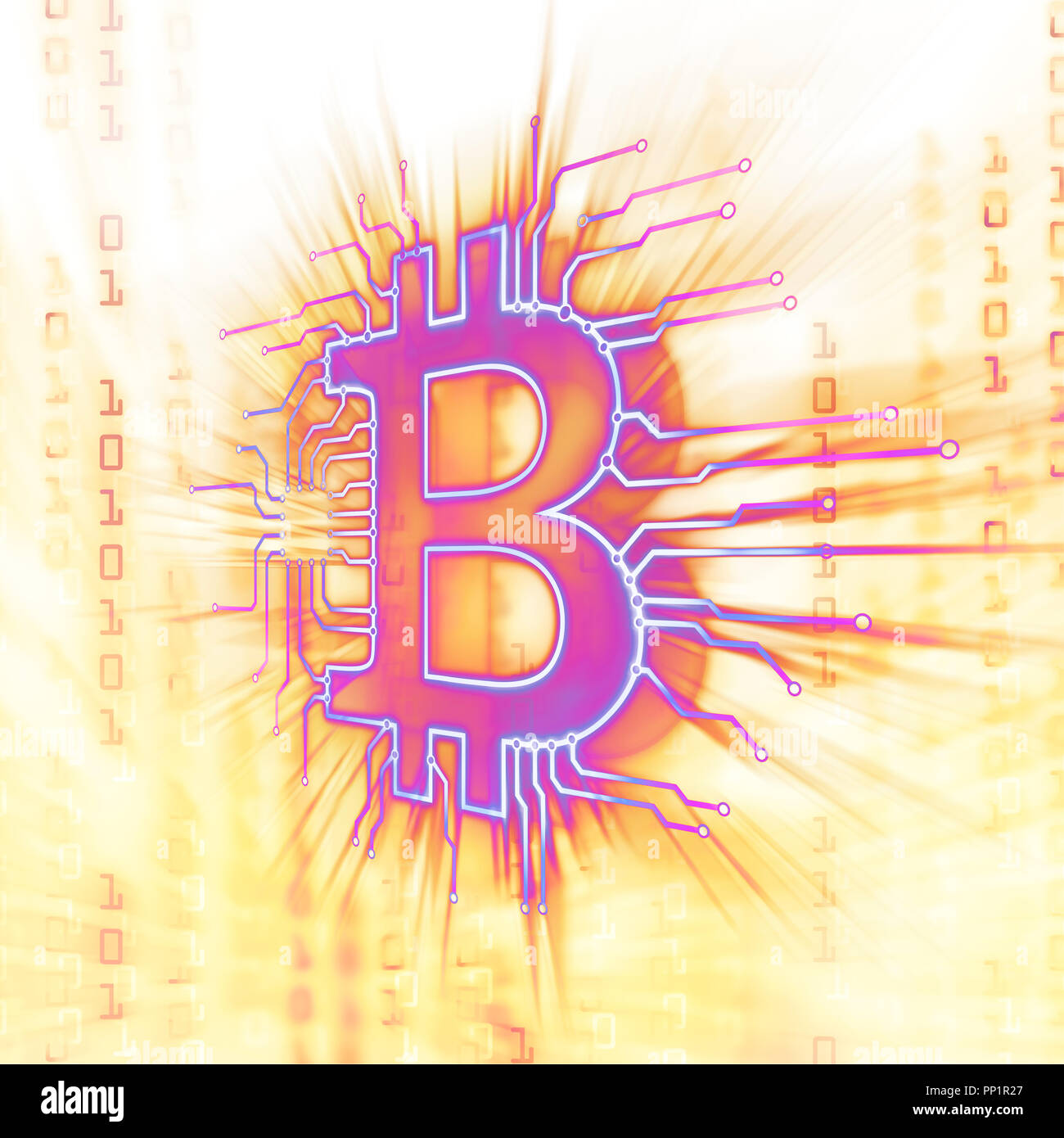 Bitcoin ₿ cryptocurrency in blockchain network, digital currency symbol, conceptual illustration in bright glowing purple yellow colors Stock Photo