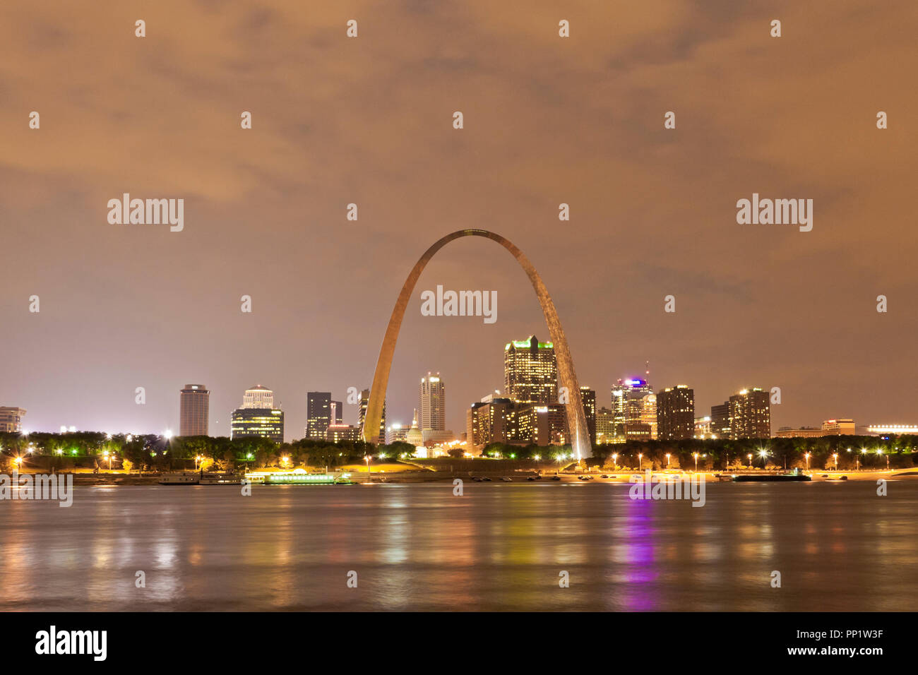 Clouds beyond Downtown St. Louis as seen from across the Mississippi River from the east riverfront in East St. Louis, Illinois. Stock Photo