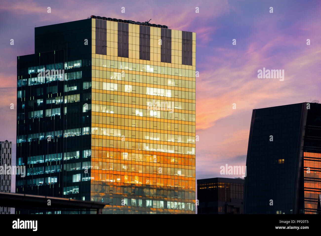 People working in office building urban city, building mirror reflect