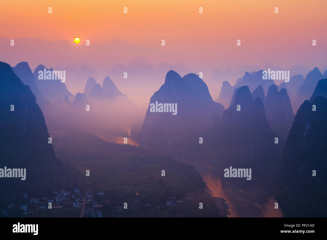 Sunrise Landscape of Guilin , Li River and Karst mountains called Xingping    mount, Guangxi Province, China Stock Photo