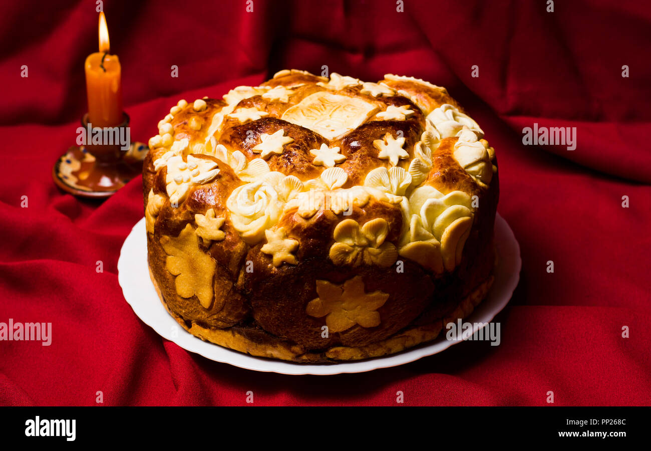 Serbian slava bread baked and decorated in traditional style Stock
