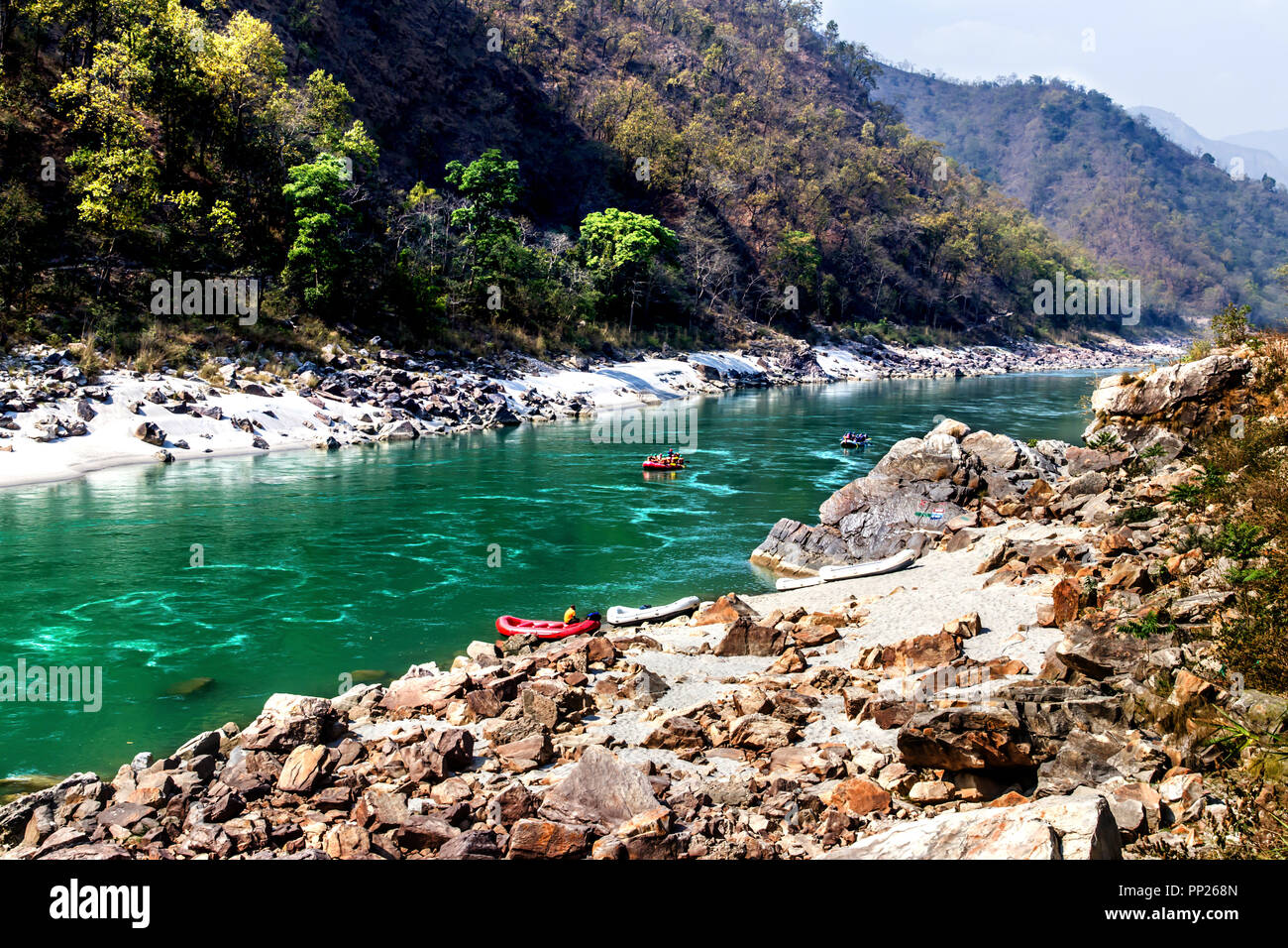 Rafting at Ganga river during summers in Rishikesh Stock Photo