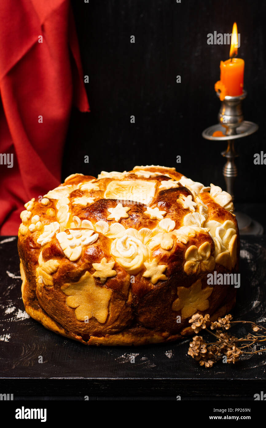 Serbian slava bread baked and decorated in traditional style Stock