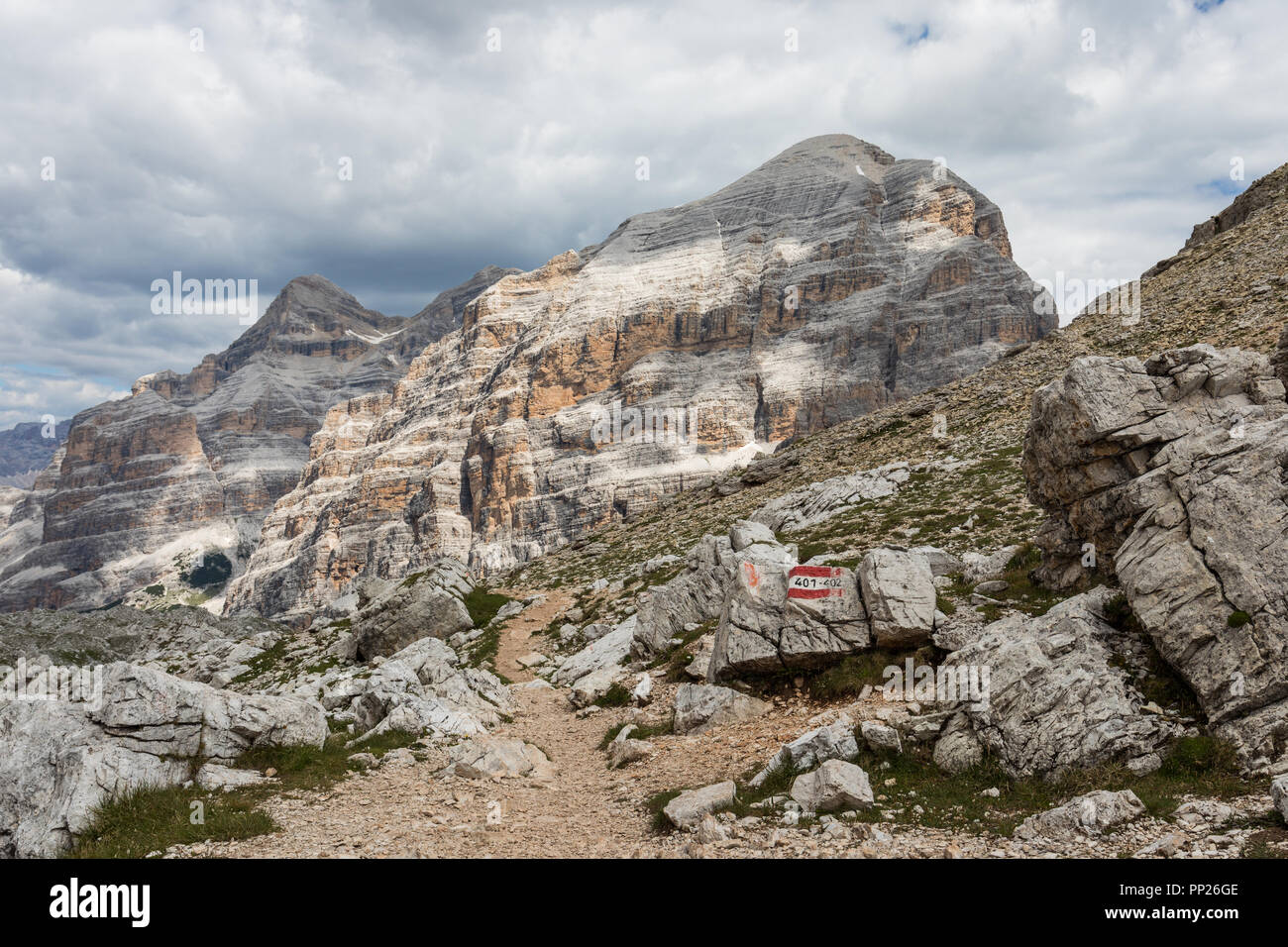 Tofane mountain group in the Dolomites, Italy. View from Forcella Travenanzes Stock Photo