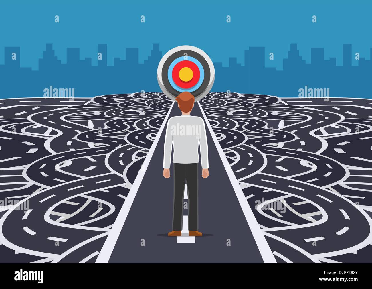 Businessman standing on road that cutting straight to the target among ...