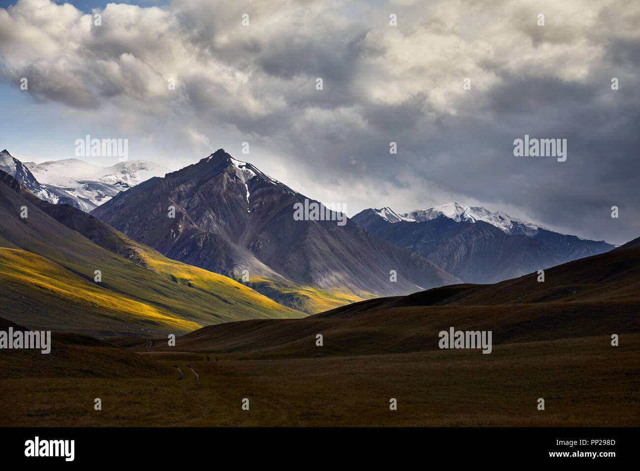 Beautiful landscape of snowy mountain in green valley of Terskey Alatau in Kyrgyzstan Stock Photo