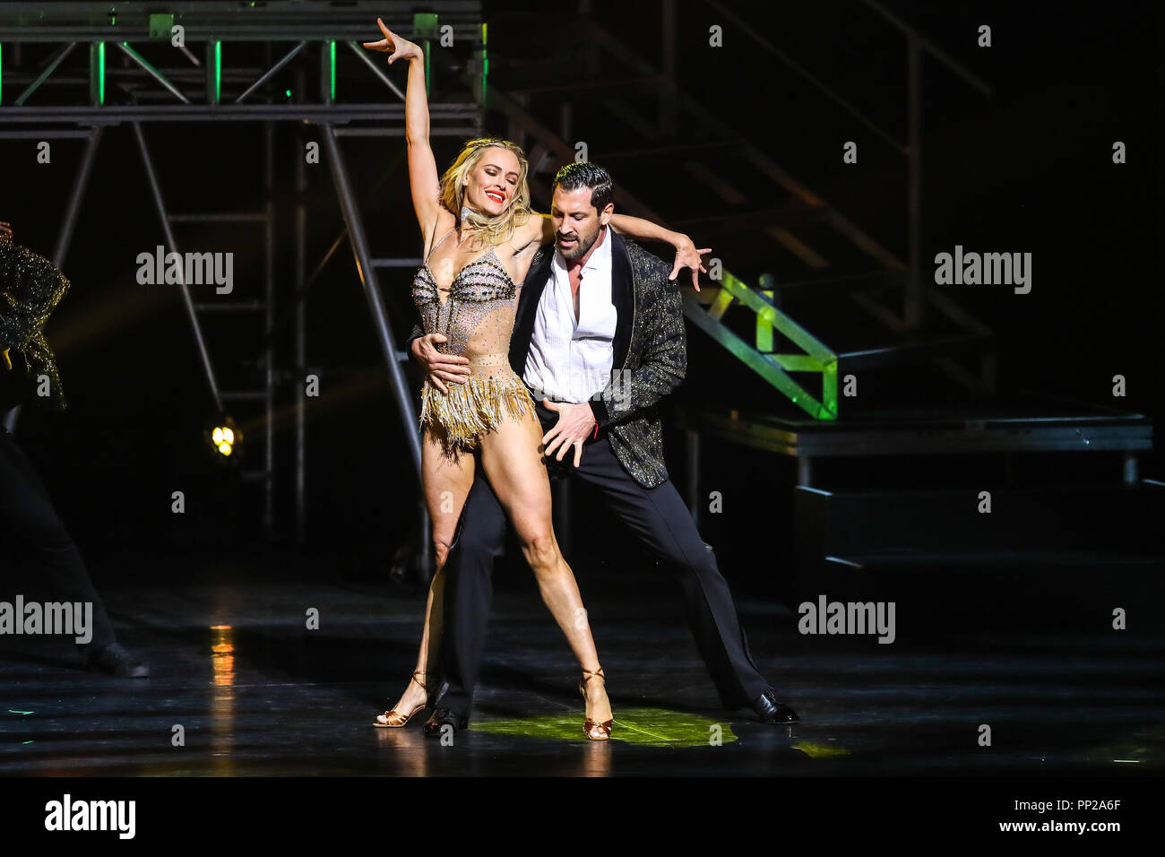 Dance Celebrities MAKS, VAL, AND PETA perform in Durham, North Carolina as part of their 2018 Confidential Tour. Maksim ''Maks'' Aleksandrovich Chmerkovskiy is a Ukrainian-America Latin-ballroom dance champion, choreographer, and instructor. Peta Jane Murgatroyd is a New Zealand-born Australian professional Latin dancer. Valentin Aleksandrovich ''Val'' Chmerkovskiy is a Ukrainian-American professional dancer, best known for his appearances on the U.S. version of Dancing with the Stars, which he won twice. Stock Photo