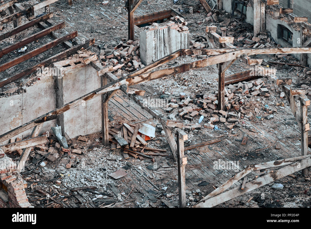 Color toned picture of a destroyed building, disaster concept. Stock Photo