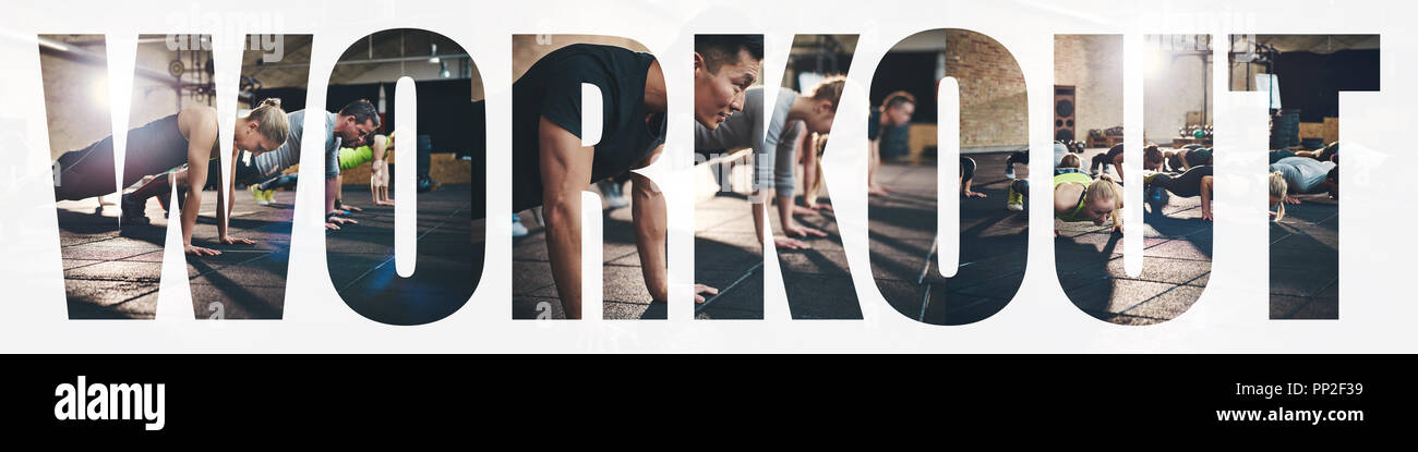 Collage of a group of fit young people doing pushups together on the floor of a gym with an overlay of the word workout Stock Photo