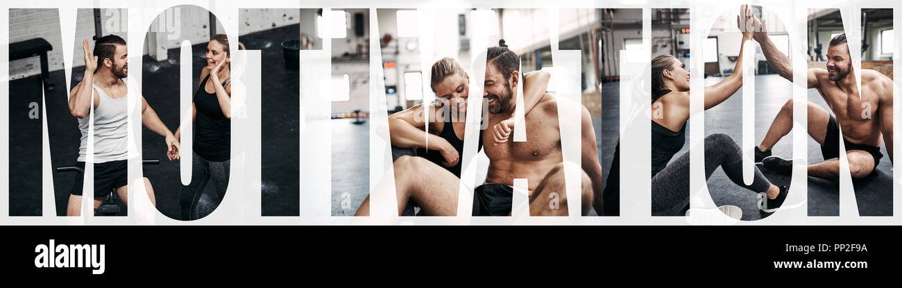Collage of two fit young friends smiling and high fiving together while enjoying a gym workout with an overlay of the word motivation Stock Photo