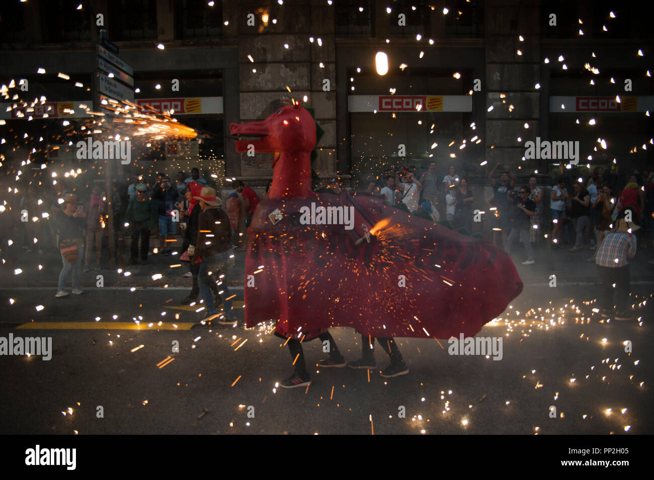 Barcelona 22 September, 2018. The correfocs are part of the Catalan culture and in them we can see young and old enjoying the percussion rhythm of the Stock Photo