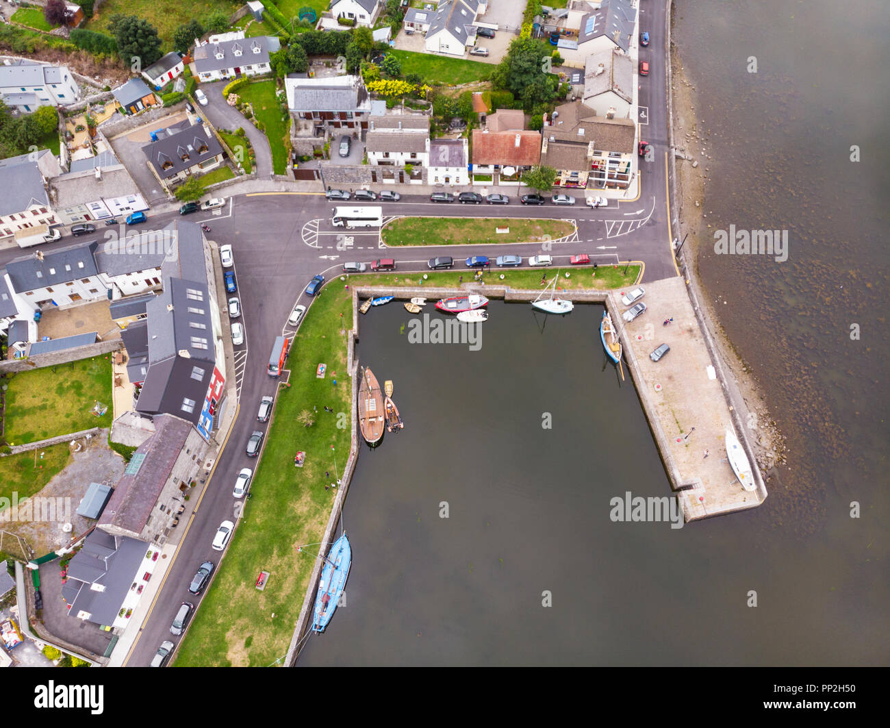An aerial view of the harbour at Kinvara, situated on the southeastern