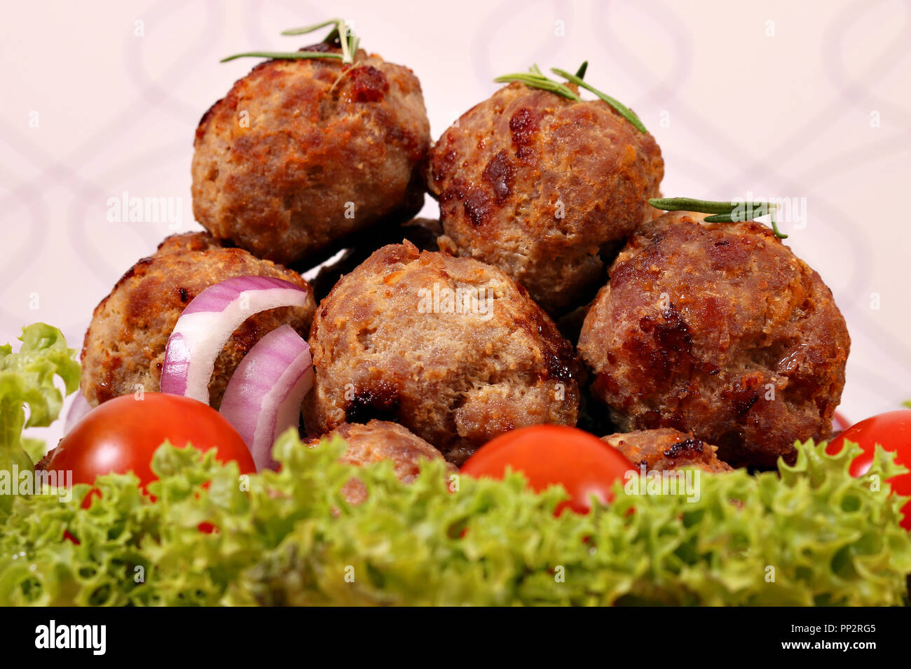 meatballs with tomatoes and salad homemade food Stock Photo