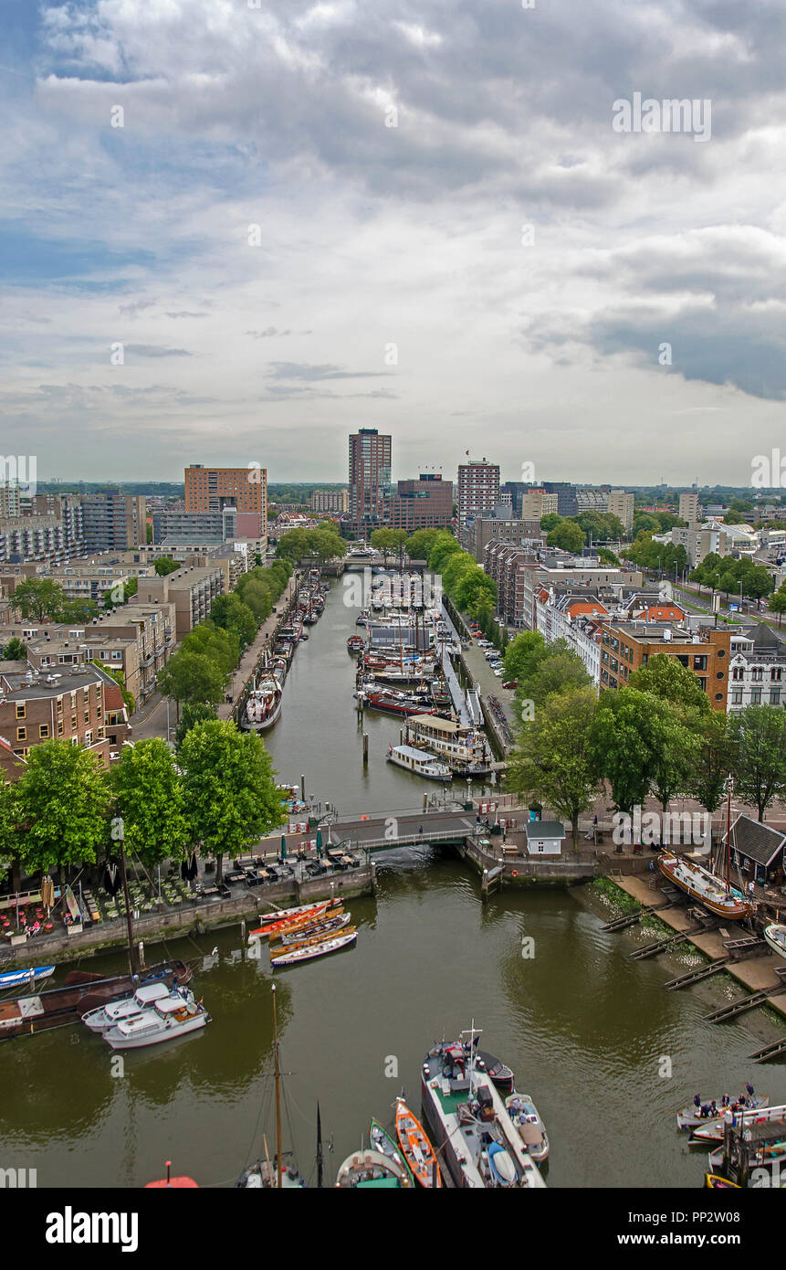 Rotterdam, The Netherlands, September 8, 2018: aerial view of two old harbour basins: the Old Harbour and Haringvliet, now used by yachts and historic Stock Photo