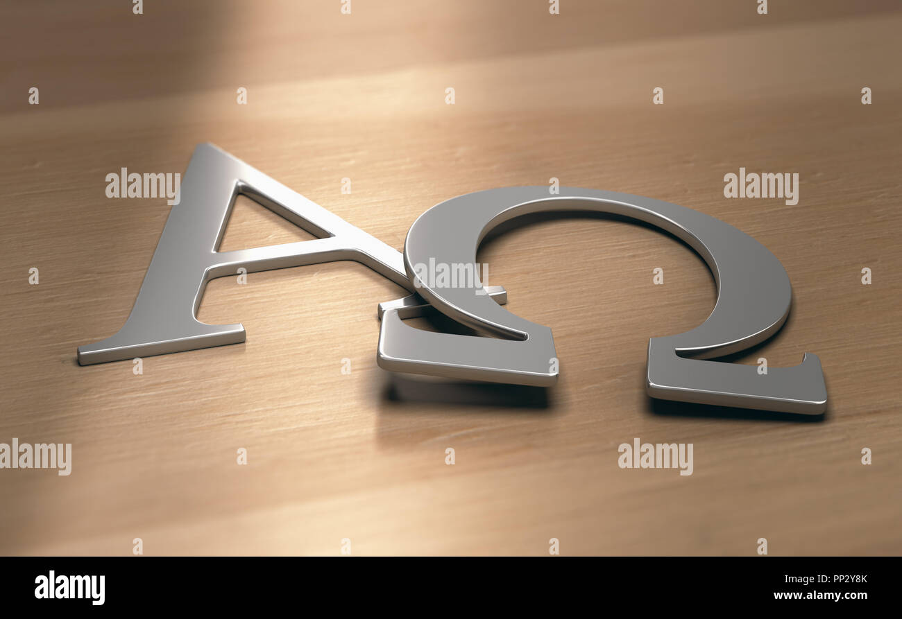 3d illustration of alpha and omega symbols, first and last letters of the greek alphabet. Stock Photo