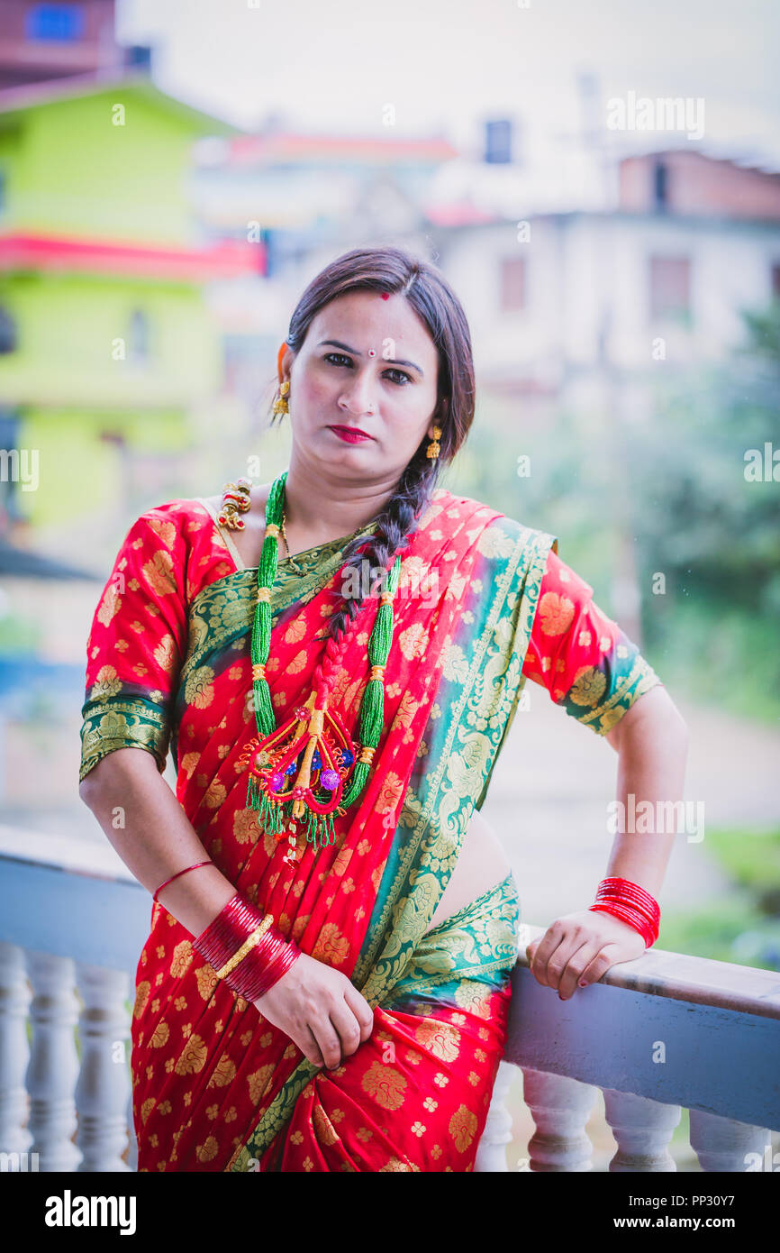 Beautiful Nepali Women in a traditional dress up with wearing Saree  and Jewelleries  at Teej Festival in Kathmandu.Nepalese Beautiful Women. Stock Photo