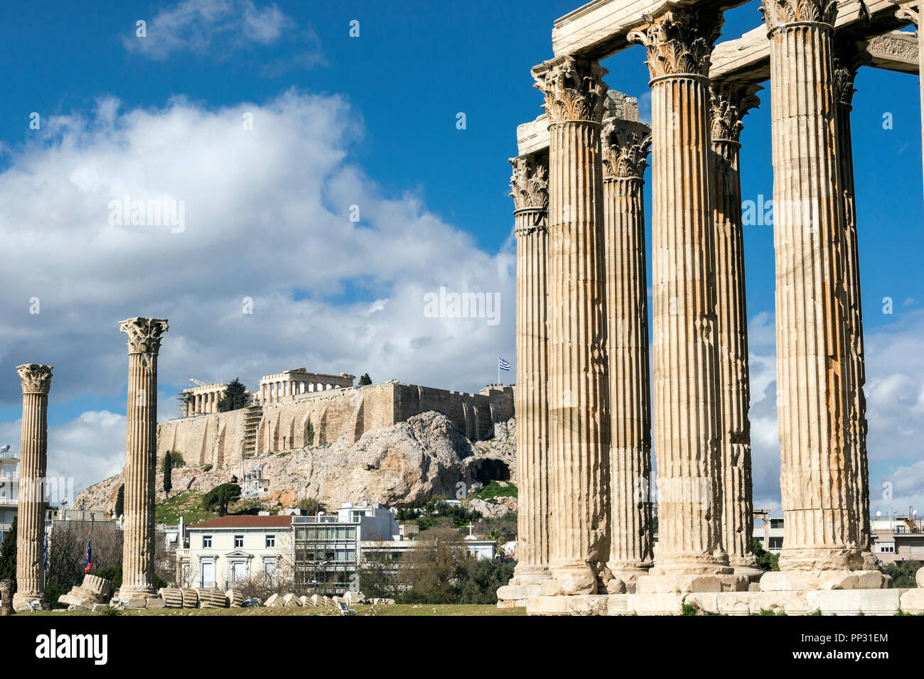 Temple of Olympian Zeus with Acropolis in the background Stock Photo