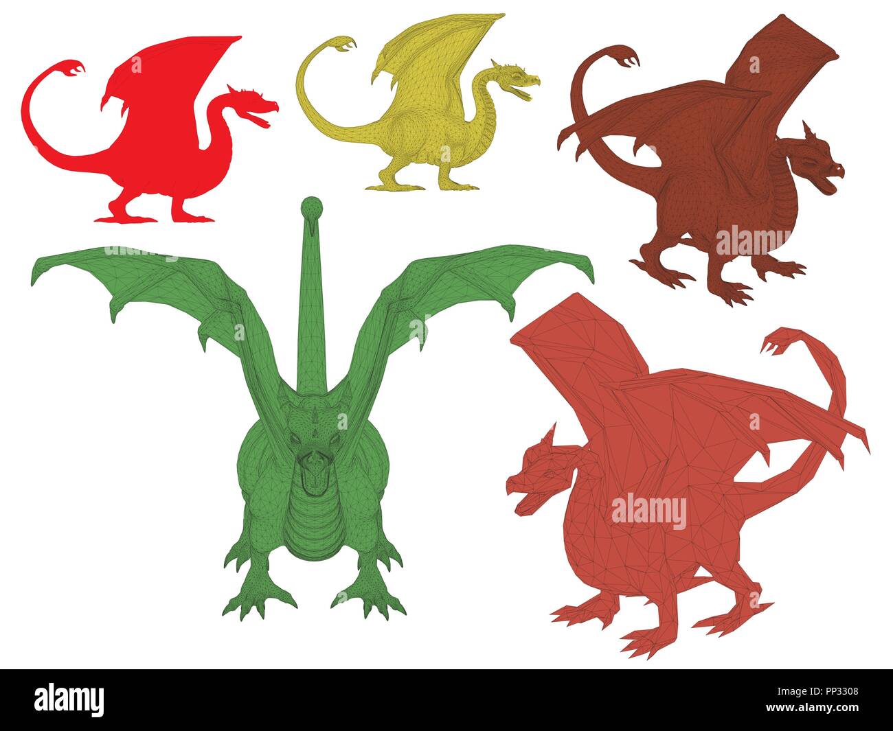 Vector illustration set of dragon. Isolated. Stock Vector