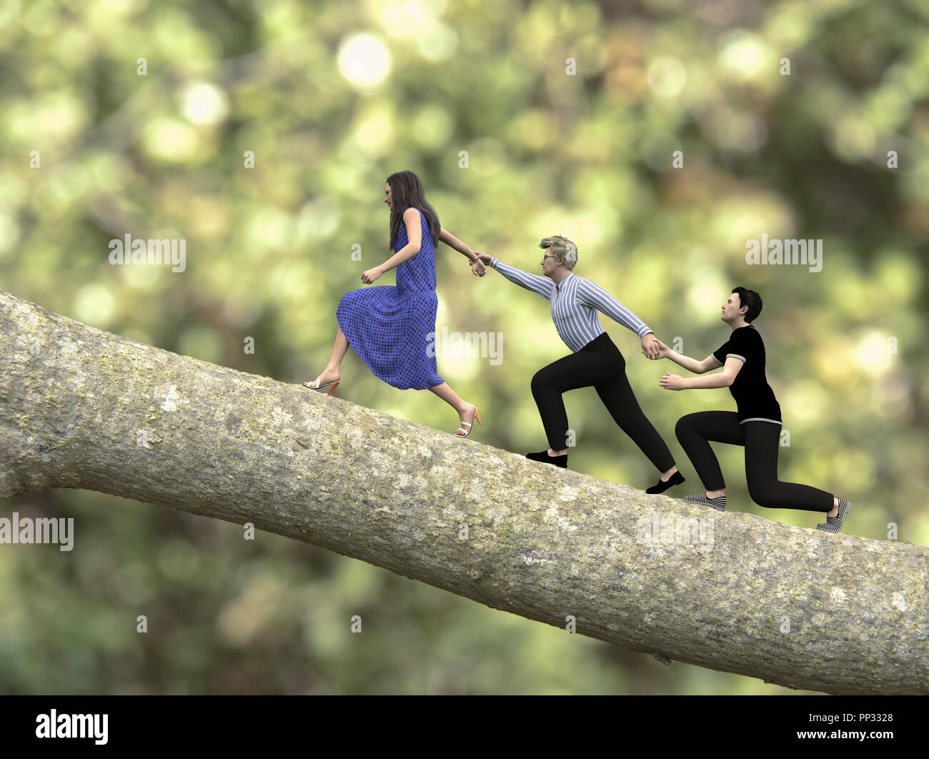 Out on a limb concept and team work using 3D figure renders Stock Photo