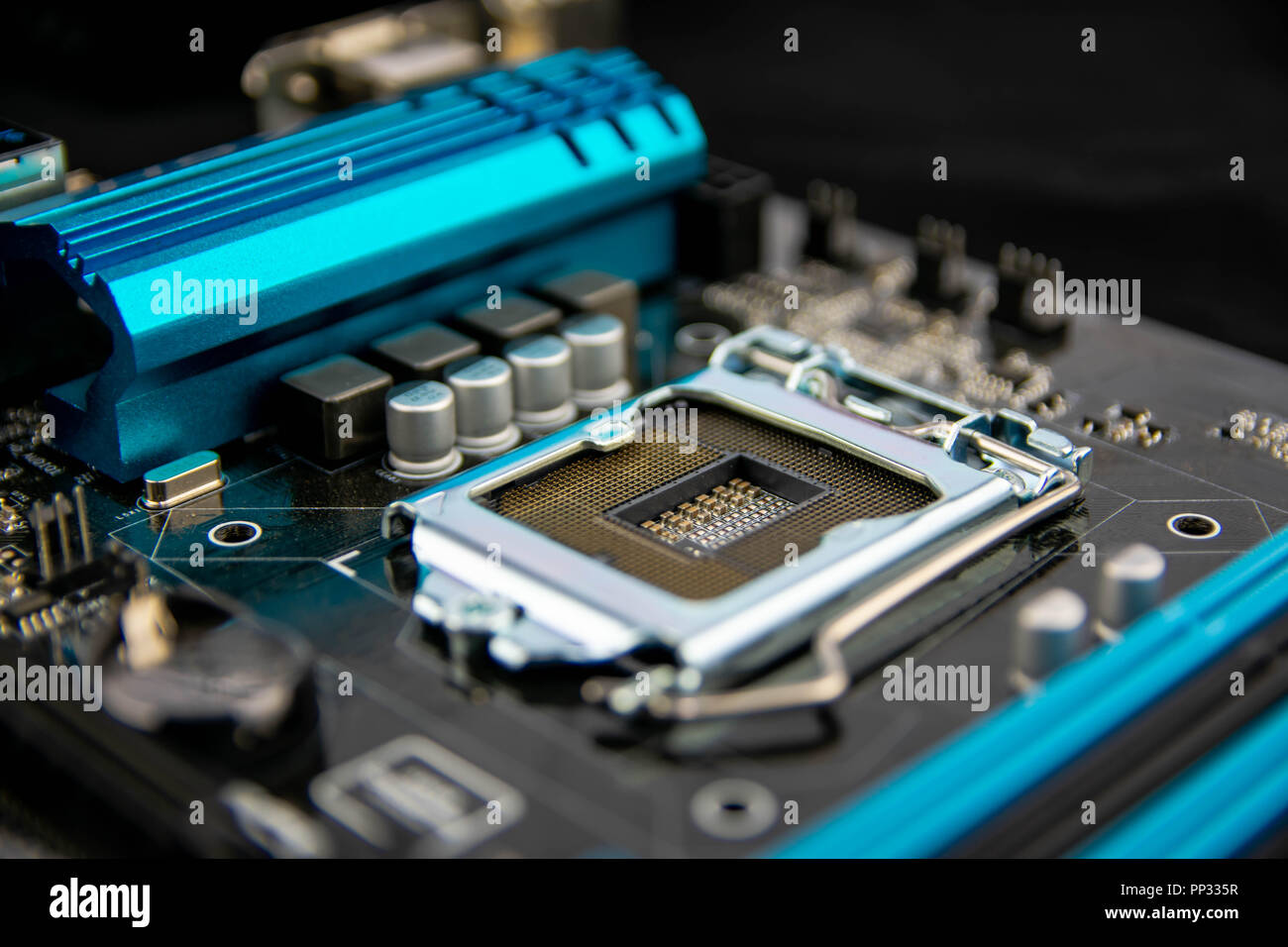 Motherboard electronics showing CPU and transistor . Motherboard city.Circuit design Stock Photo