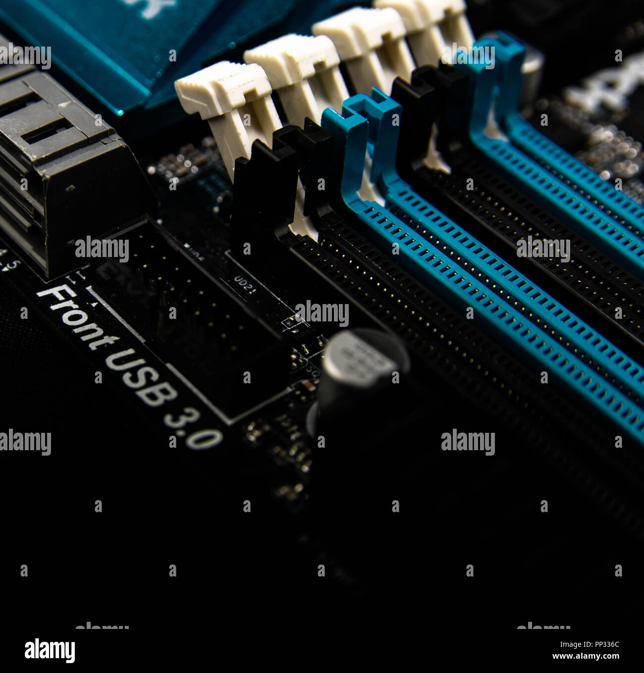 Motherboard electronics showing CPU and transistor . Motherboard city.Circuit design Stock Photo