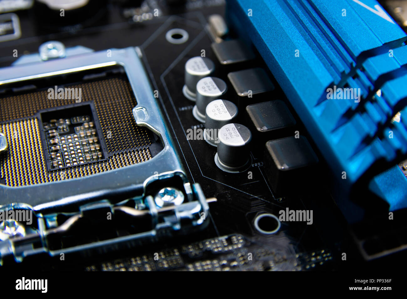 Motherboard electronics showing CPU and transistor . Motherboard city.Circuit design Stock Photo