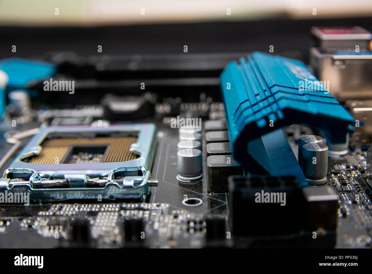 Motherboard electronics showing CPU and transistor . Motherboard city.Circuit design Stock Photo