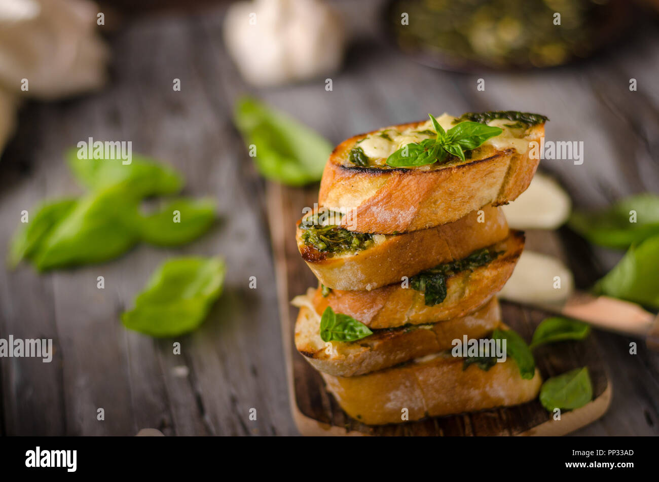 Garlic herbs toast with fresh mozzarella, food photography, vintage photography Stock Photo