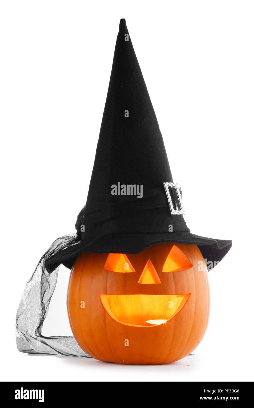 Jack O Lantern Halloween pumpkin with witches hat isolated on white ...