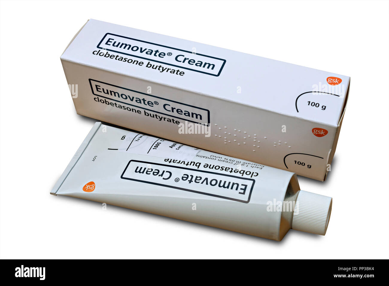 PHOTOGRAPH!! - Tube & box of Eumovate (clobetasone butyrate) anti-inflammatory topical corticosteroid steroid cream prescribed for eczema & dermatitis Stock Photo