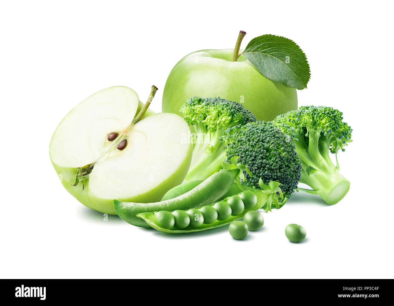 Green apple broccoli peas vegetable 4 composition isolated on white background as package design element Stock Photo