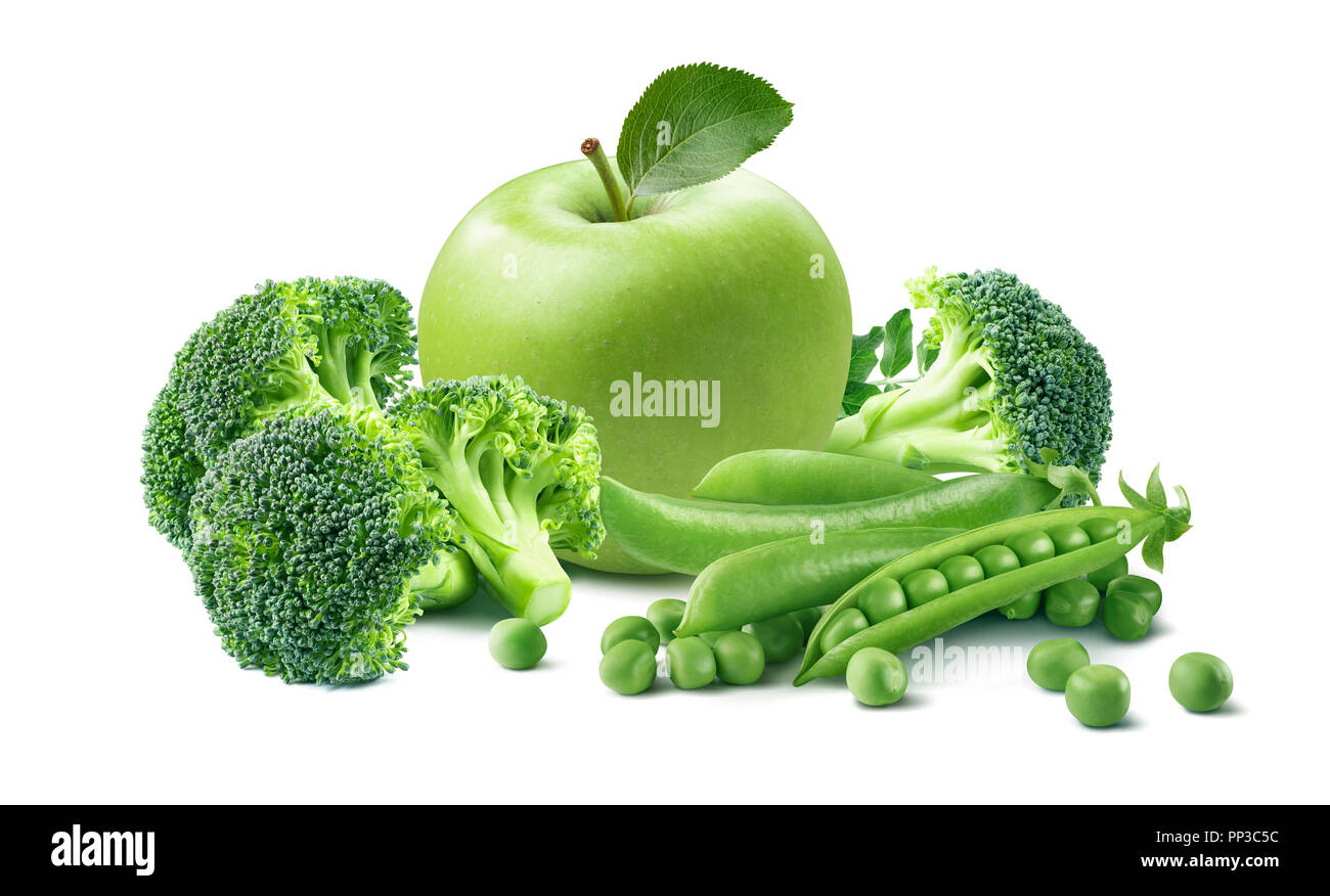 Green apple broccoli peas baby food composition isolated on white background as package design element Stock Photo