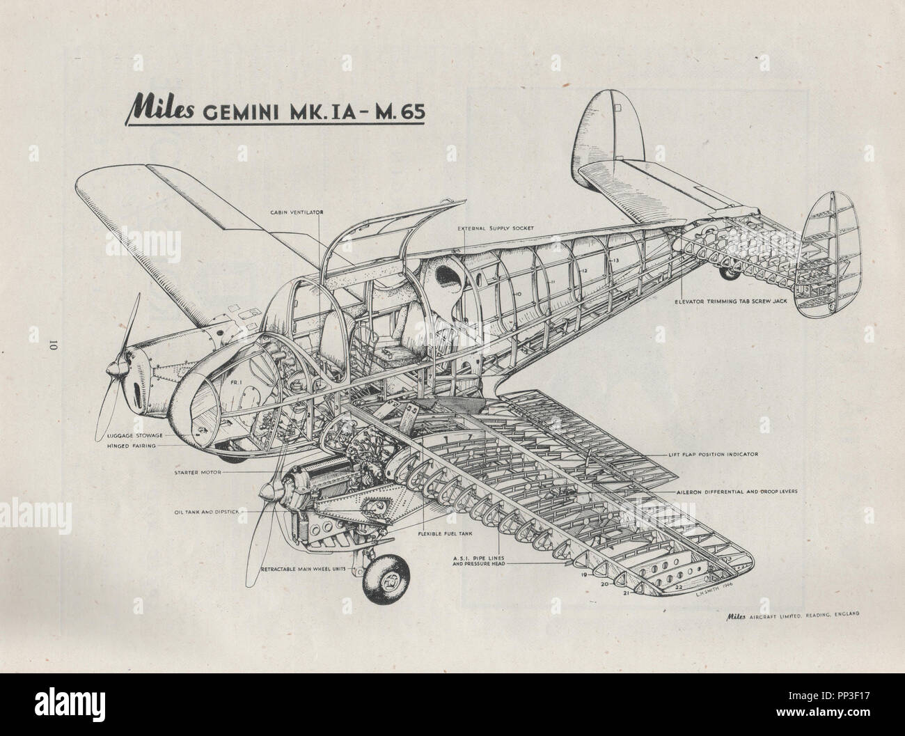 Miles M.65 Gemini cutaway drawing dated to January 1947. The Gemini was  a British twin-engined four-seat touring aircraft developed in 1945 and 170 were produced up to 1947. It was also the last full production aircraft made by the company. Stock Photo