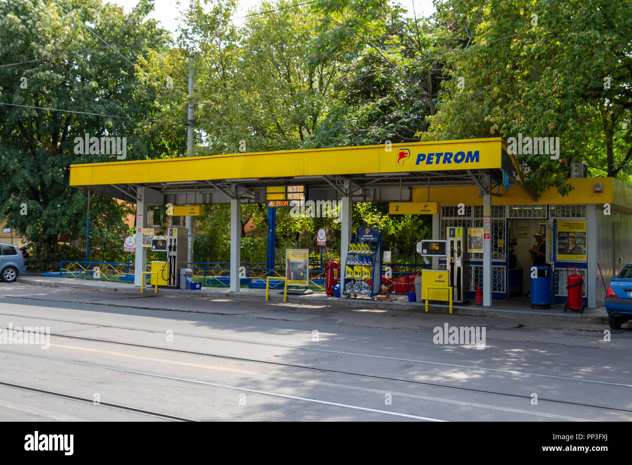A Petrom petrol/gas station at the roadside near Carol Park, Bucharest, Romania. Stock Photo