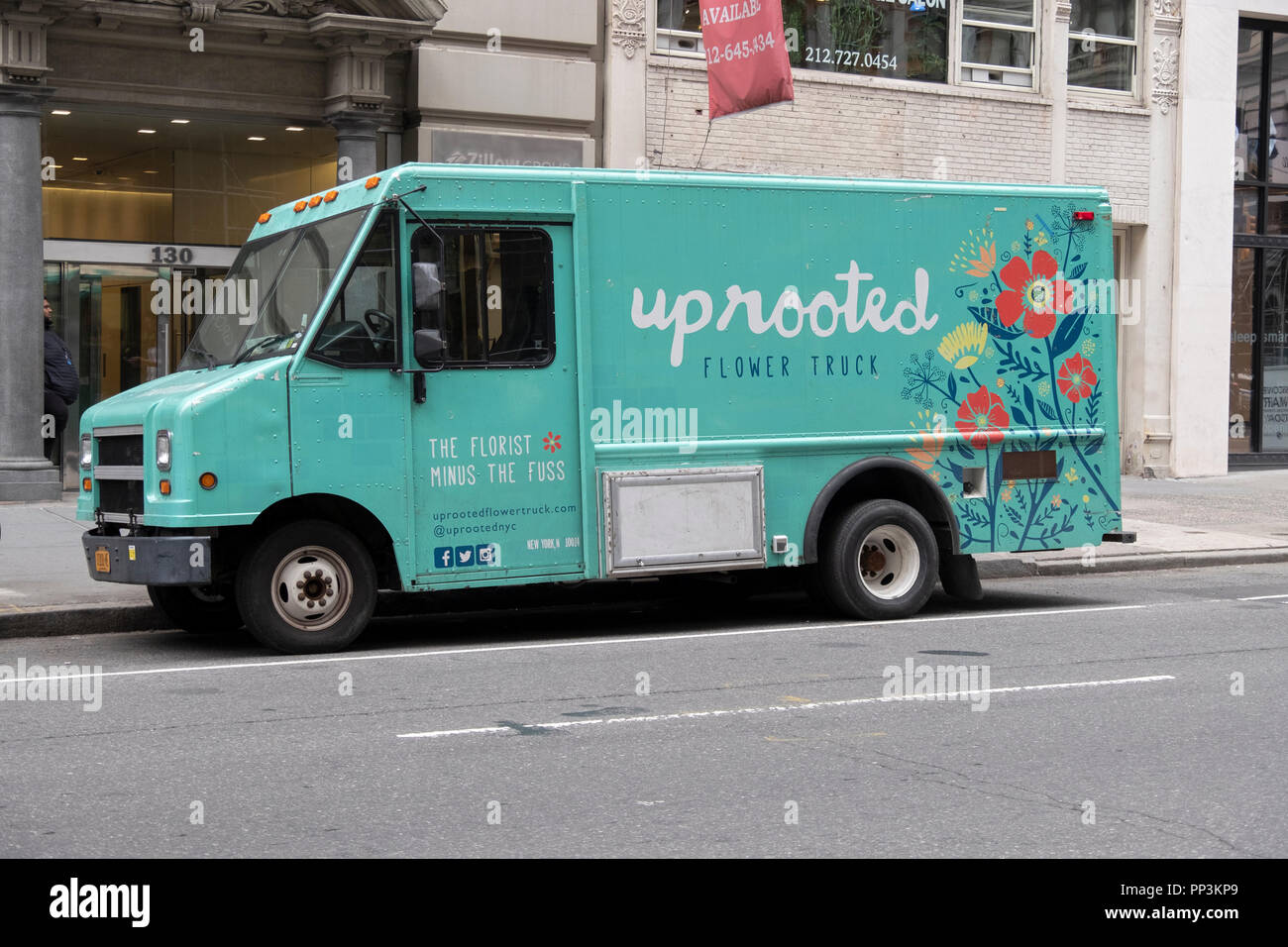 The Uprooted Flower Truck selling fresh flowers & bouquets out of a mobile store parked on Fifth Avenue in Lower Manhattan, New York City Stock Photo