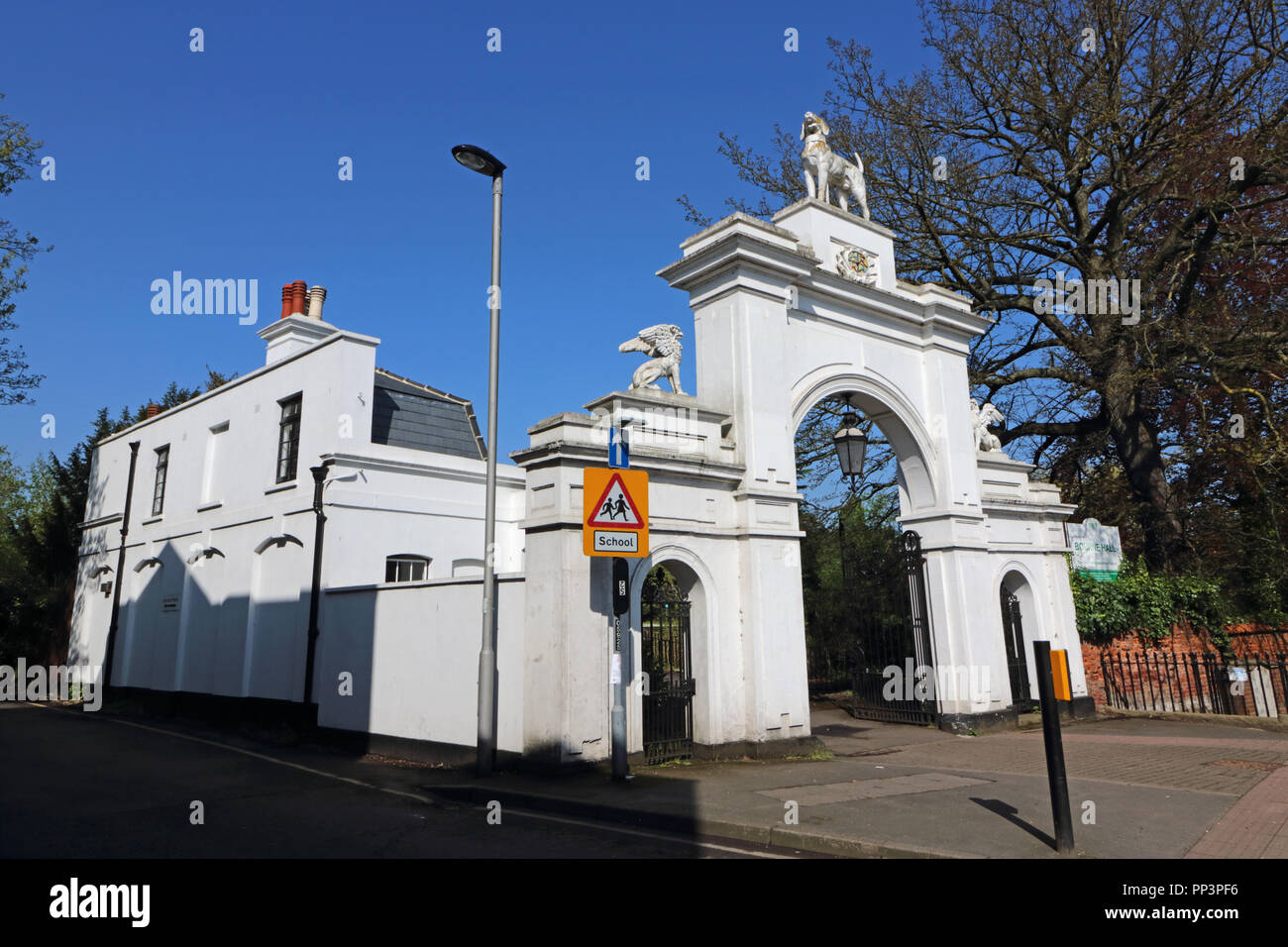 The Dog Gate entrance to Bourne Hall Park in Ewell Village, Epsom