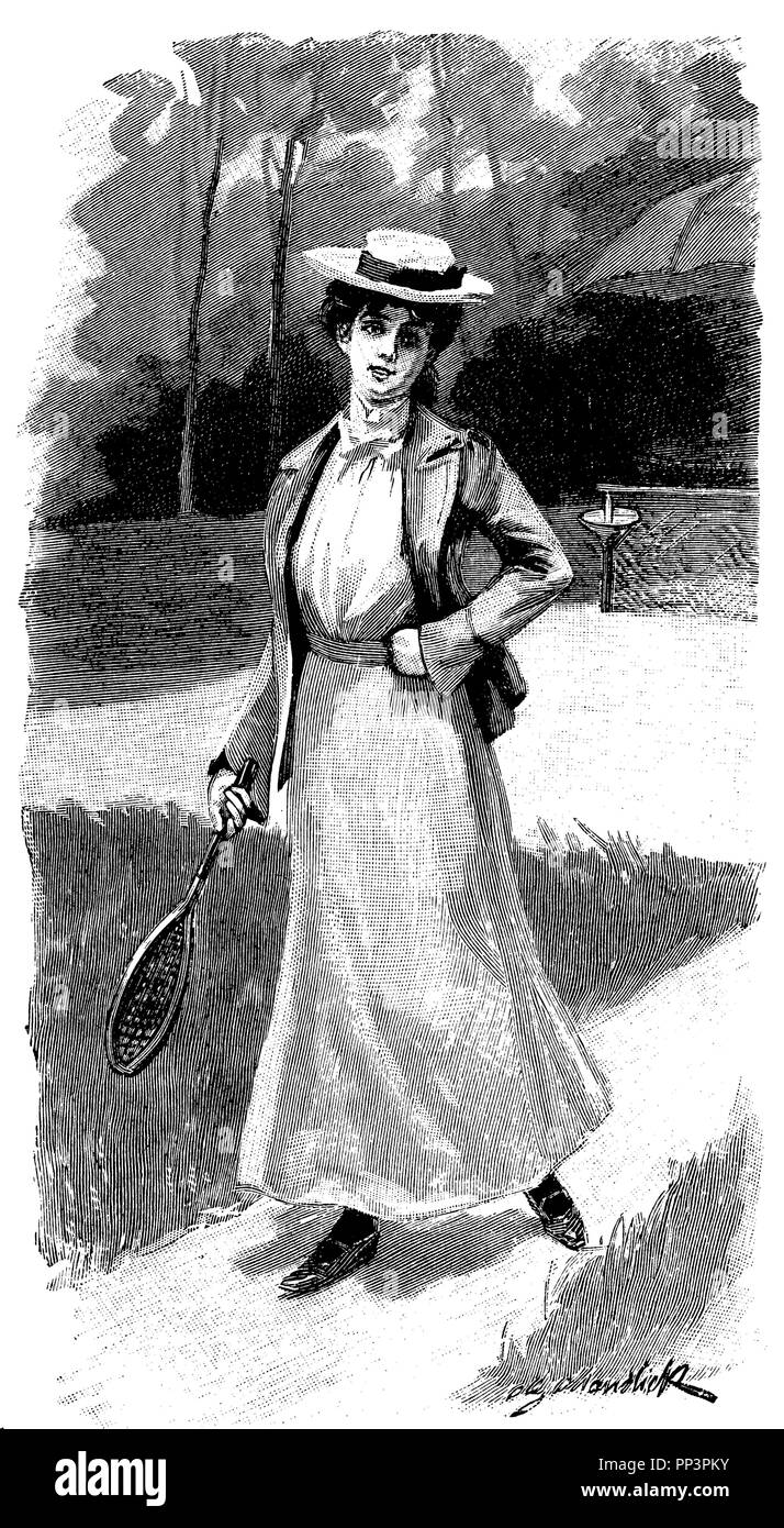 Sport costume, lady with tennis racket,   1905 Stock Photo