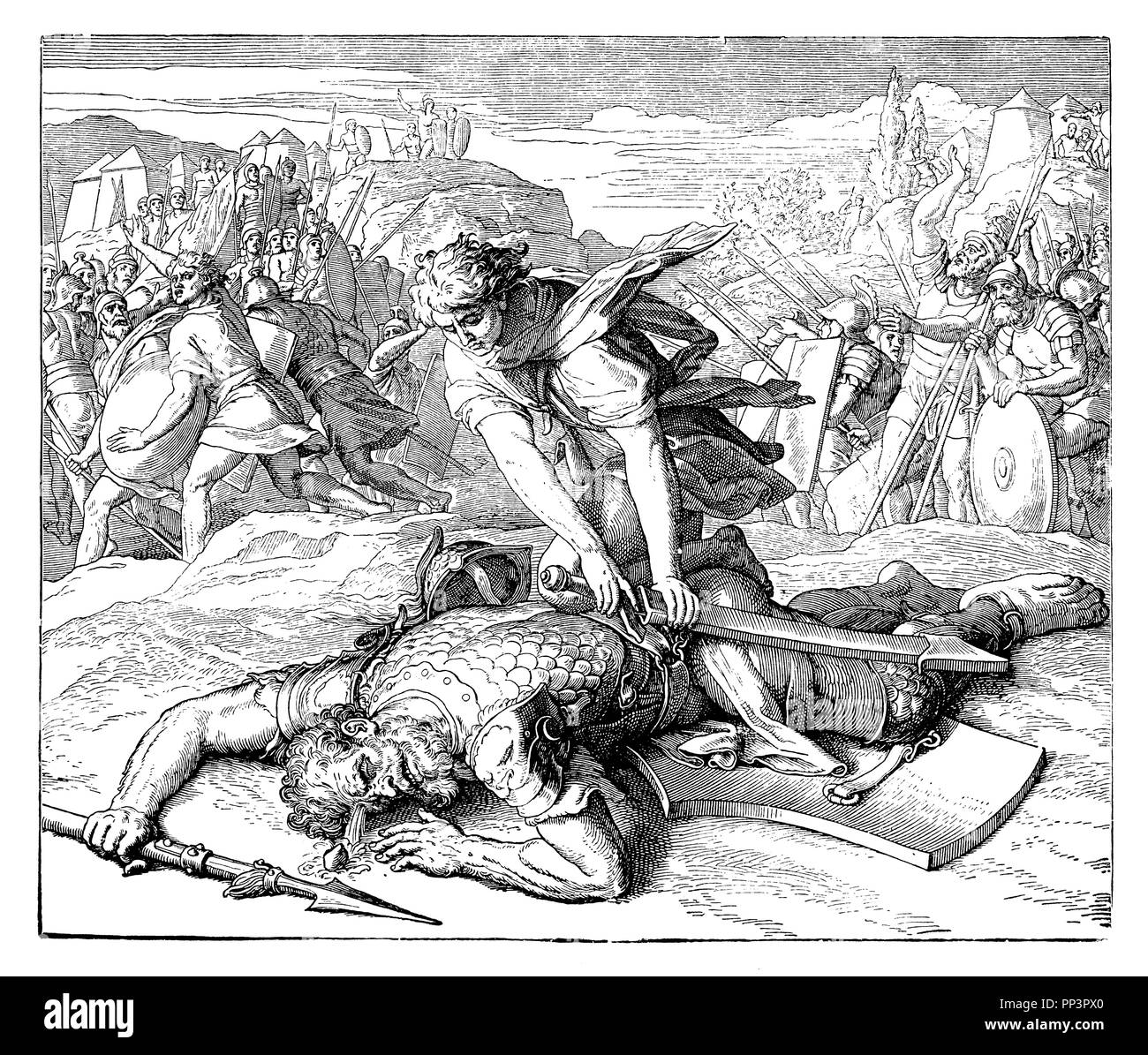 David's quarrel with the giant Goliath, Julius Schnorr von Carolsfeld Stock Photo