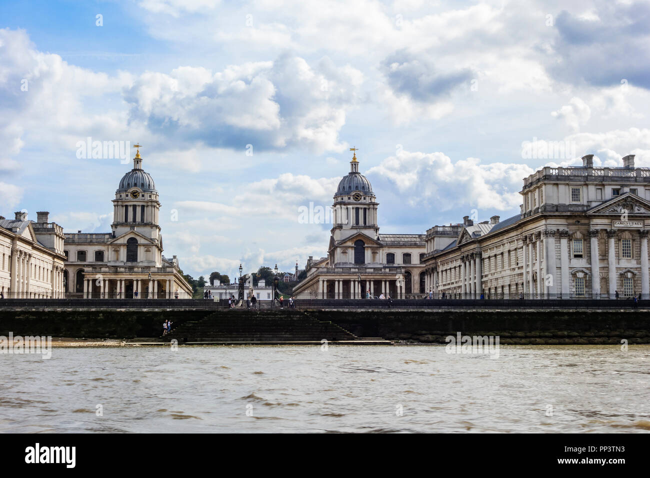 View of the embankment of Greenwich and Old Royal Naval College. Greenwich peninsula in South East London, England. Maritime Museum. Stock Photo